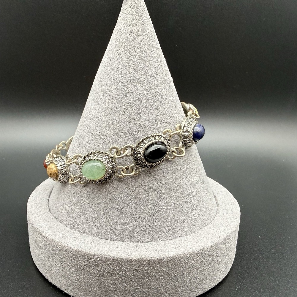Vintage Multicolor Cabochon Silver Tone Link Bracelet Boho Southwest Style 7"